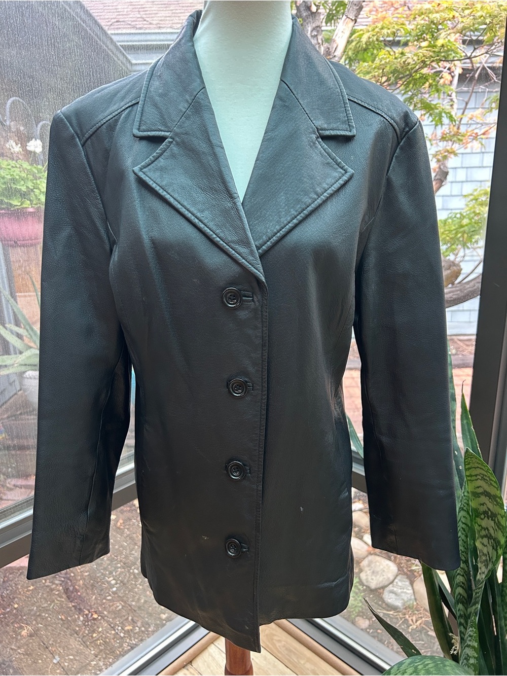 Classic Black Leather Button-Front Women's Jacket